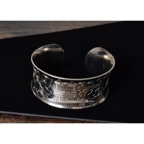 Jordan Petra Jewelry - PETRA JORDAN Marked Silver Tone Wide Cuff Bracelet Etched Ancient Ruins